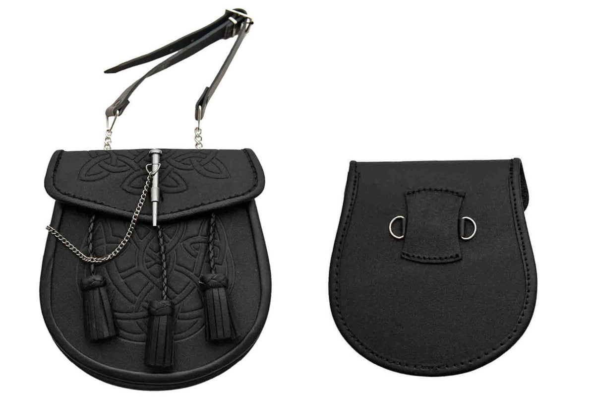 SZCO 8-inch Celtic Knot Leather Sporran in black leather, front view