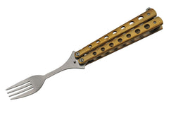 SZCO Supplies gold-plated butterfly-closed travel fork showing safe storage and compact design.