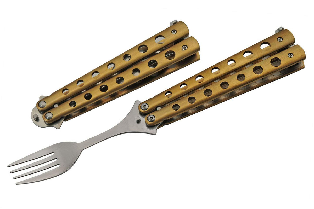 SZCO Supplies 9 inches gold finished butterfly-open travel fork with a gleaming handle for camping meals.