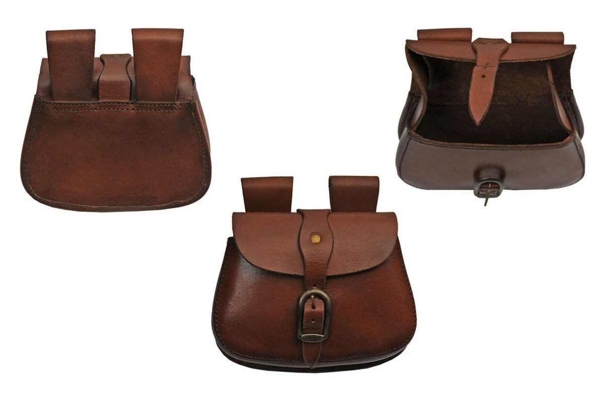 SZCO medieval saddle bag front view highlights rich leather and secure buckle.