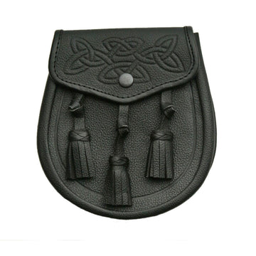 SZCO Sporran embossing close-up reveals Celtic knot craftsmanship.