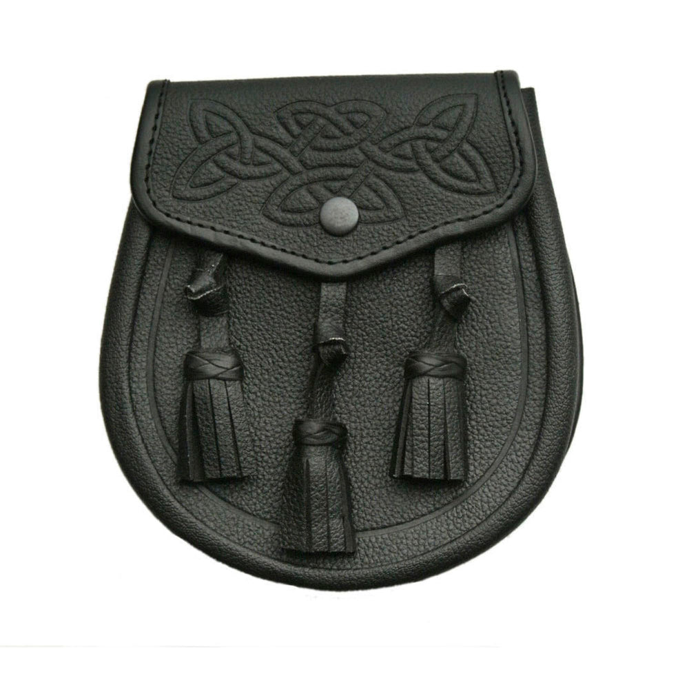 SZCO Sporran embossing close-up reveals Celtic knot craftsmanship.