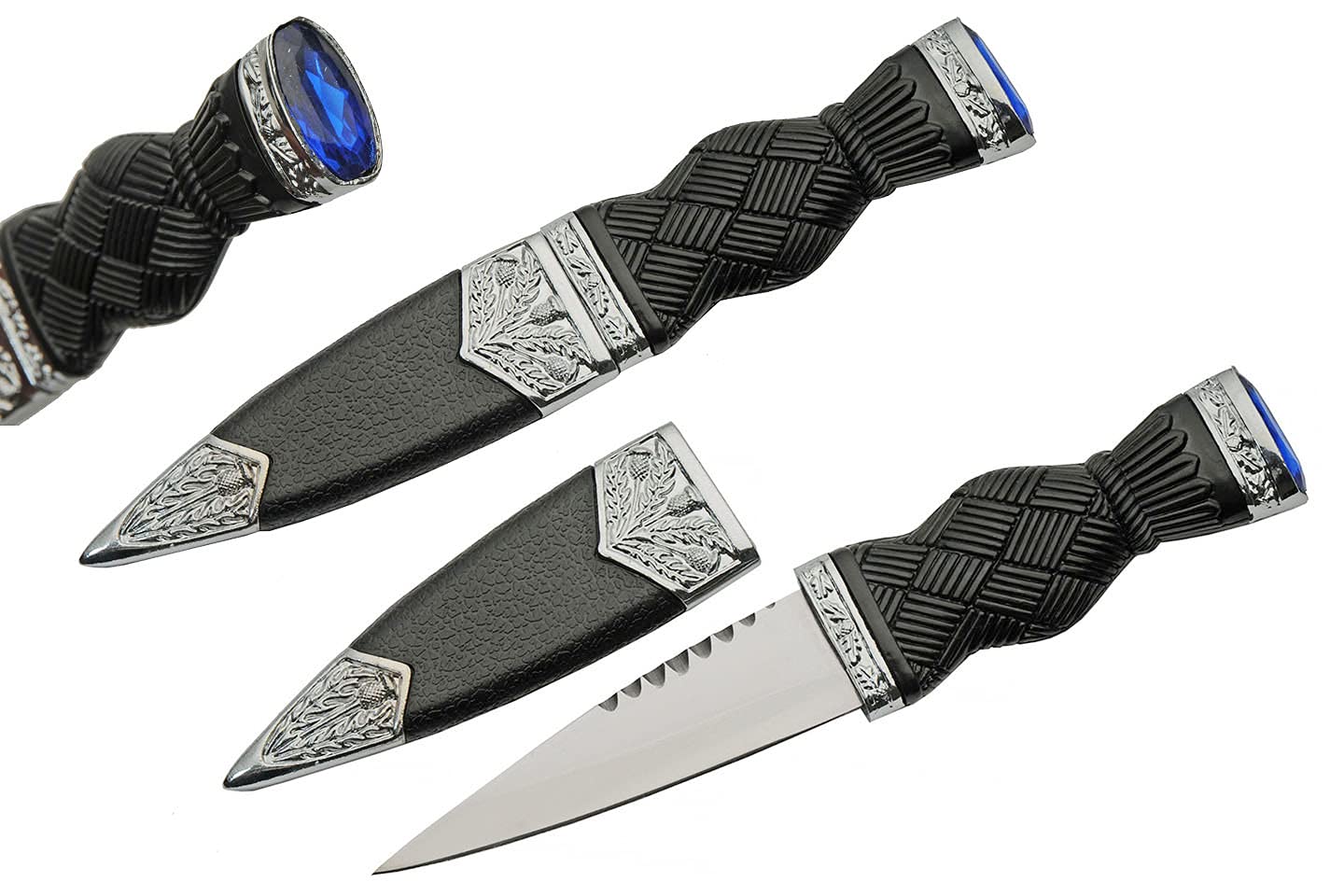 Szco Supplies Sgian Dubh knife with sapphire-adorned blade and black handle