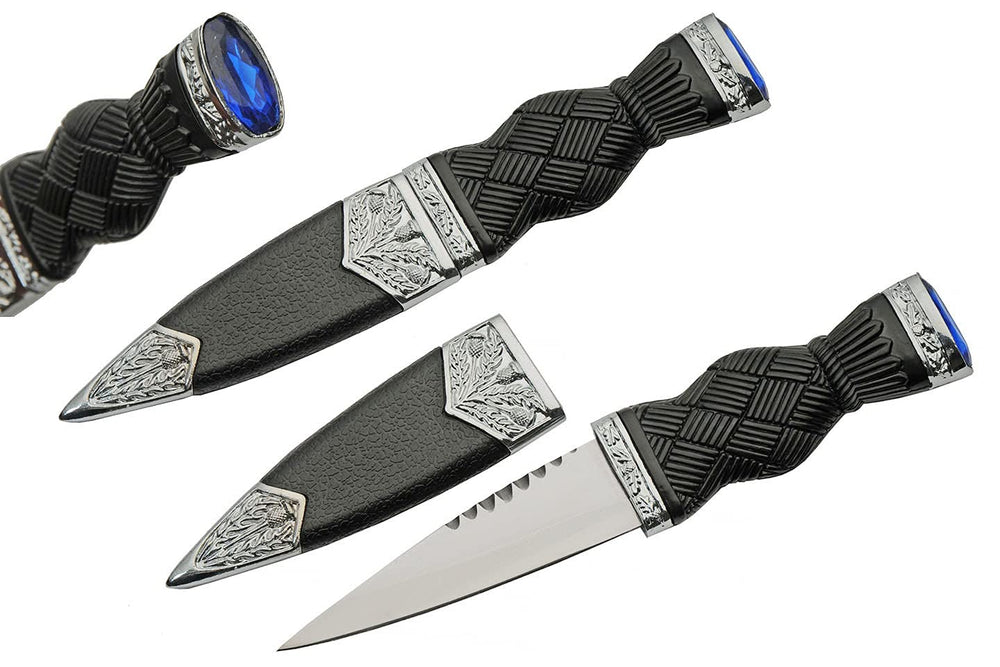 Szco Supplies Sgian Dubh knife with sapphire-adorned blade and black handle