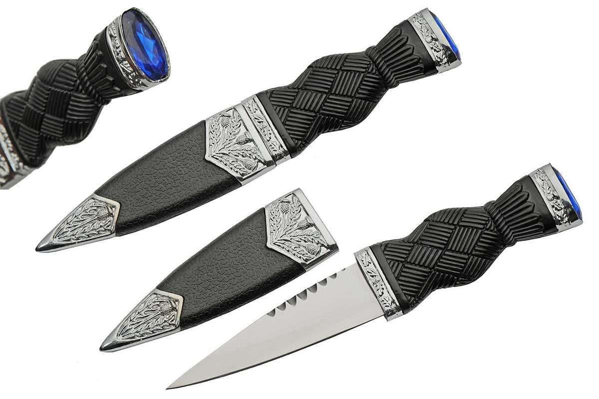 Szco Supplies Sgian Dubh knife with sapphire-adorned blade and black handle