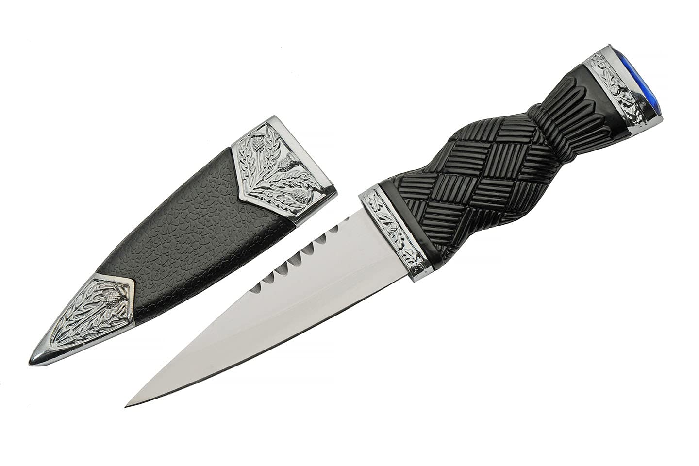 Close-up of hourglass-shaped black composite handle with sapphire accents