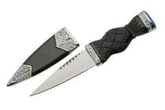 Close-up of hourglass-shaped black composite handle with sapphire accents