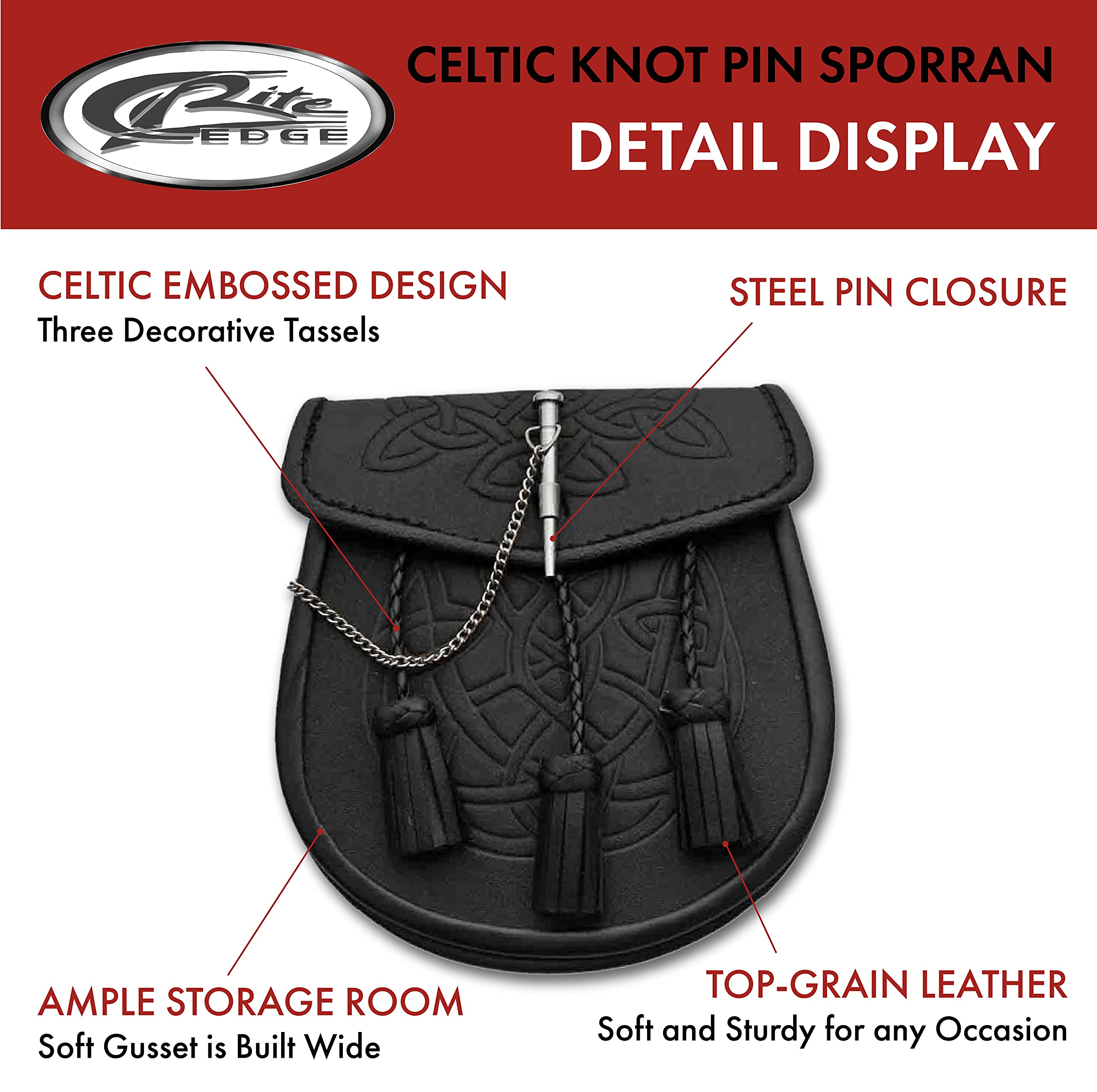 SZCO sporran showing three tassels for an authentic Highland look