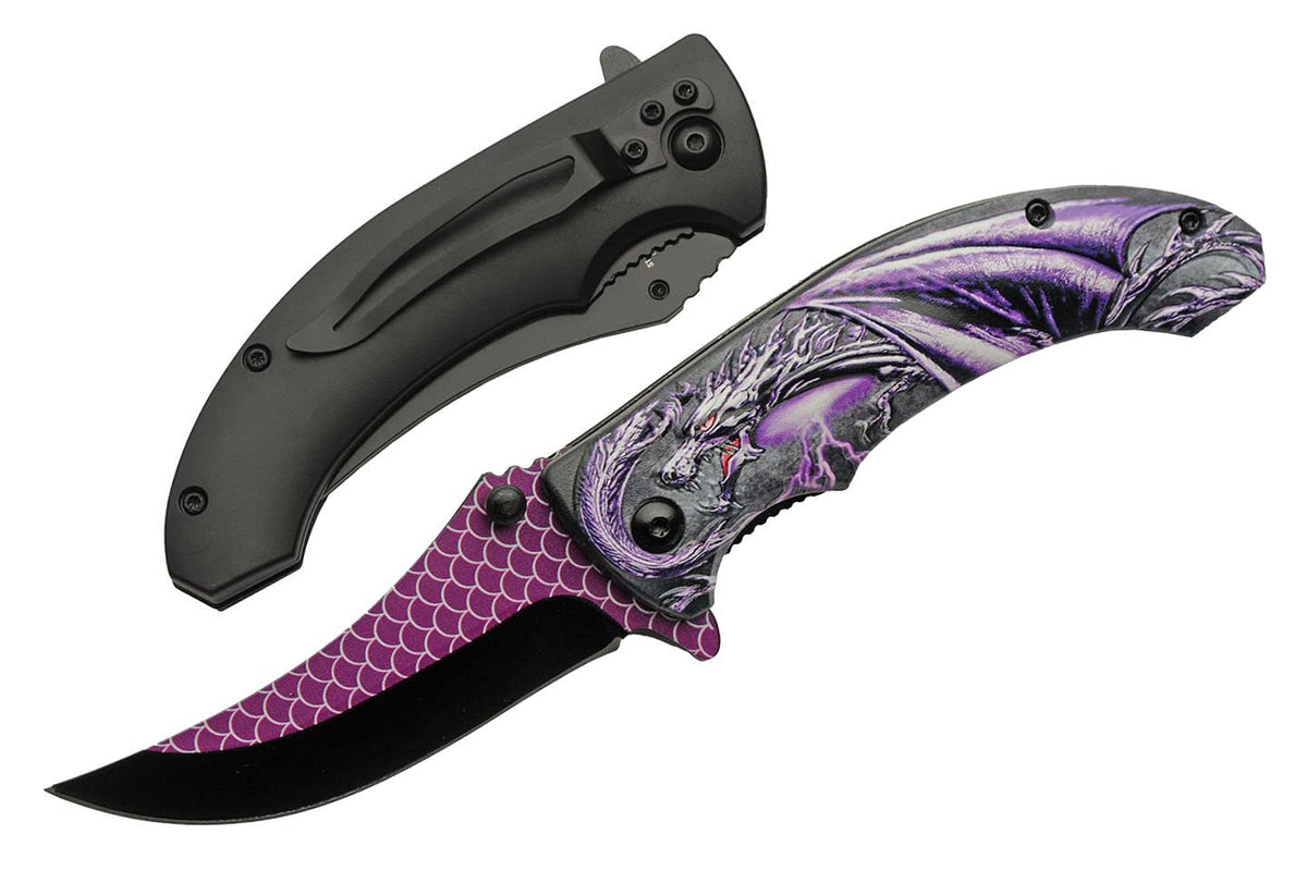 SZCO Supplies 8 inch upsweep purple dragon folding knife, model 300551-PU