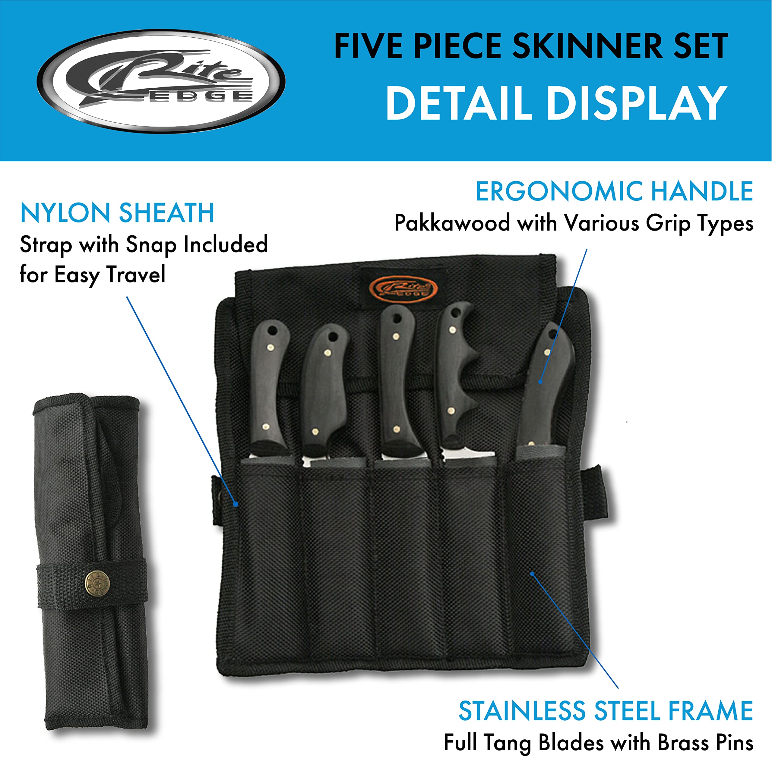 Full tang knife blades and pakkawood handles in SZCO Supplies 5Pc Skinning Knife Set