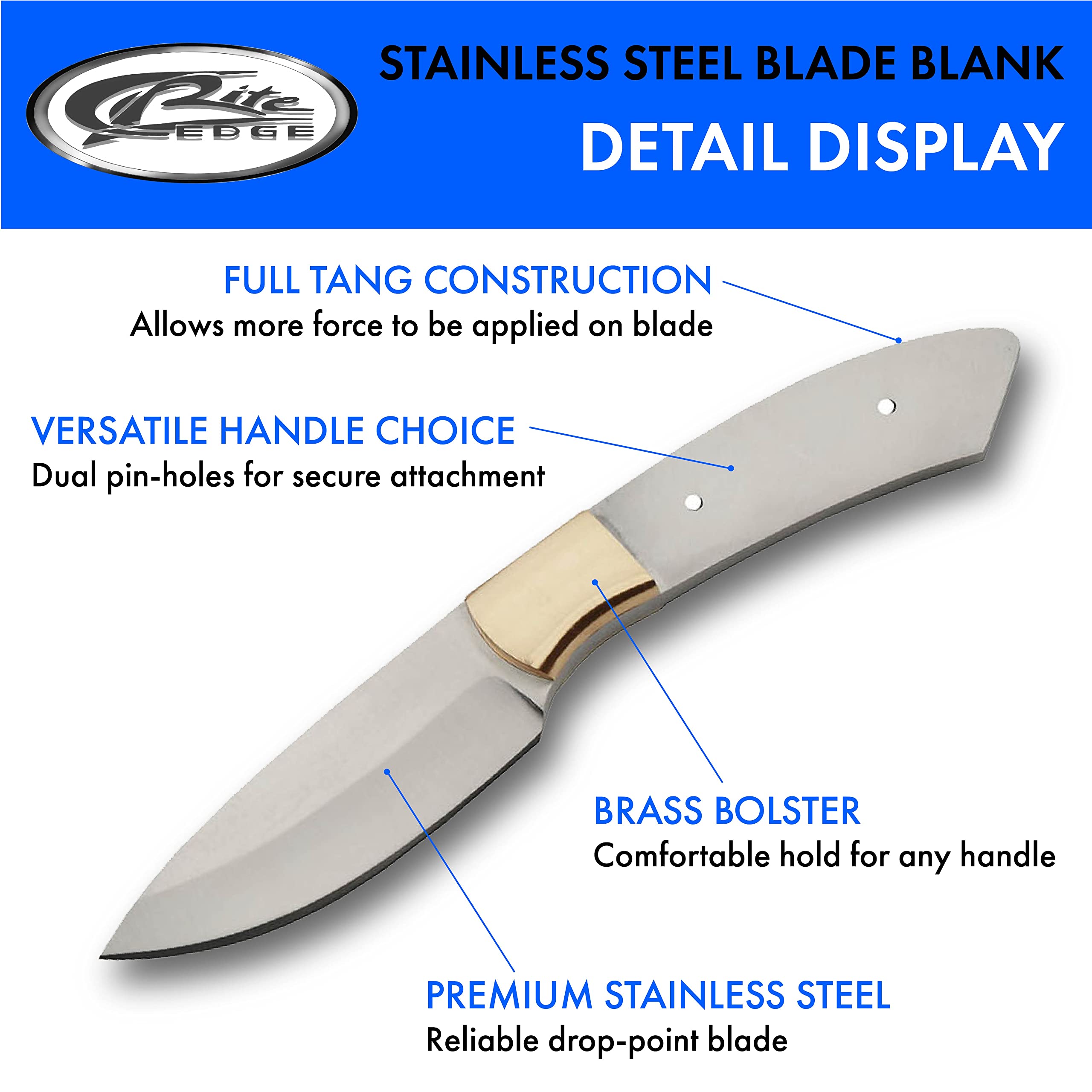Treated stainless steel full-tang blade blank with brass bolster