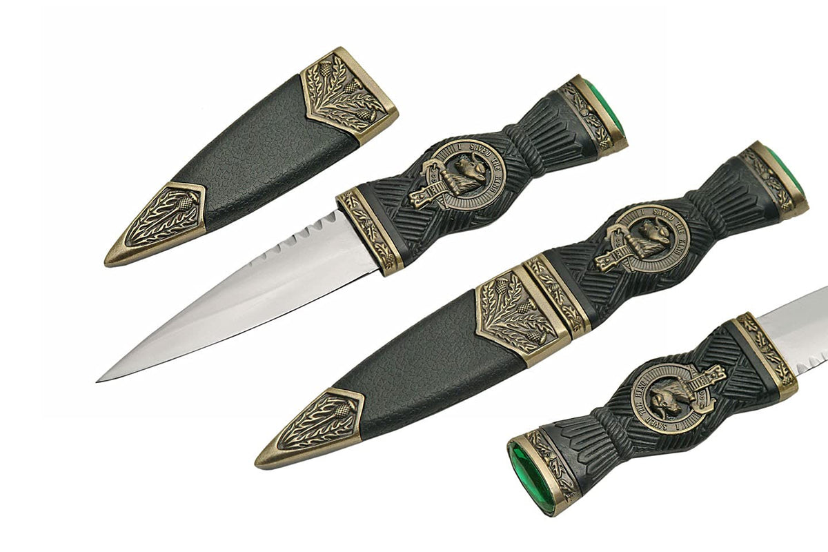 Szco Supplies 7.25 inch emerald pommel sgian-dubh with bronze-adorned scabbard