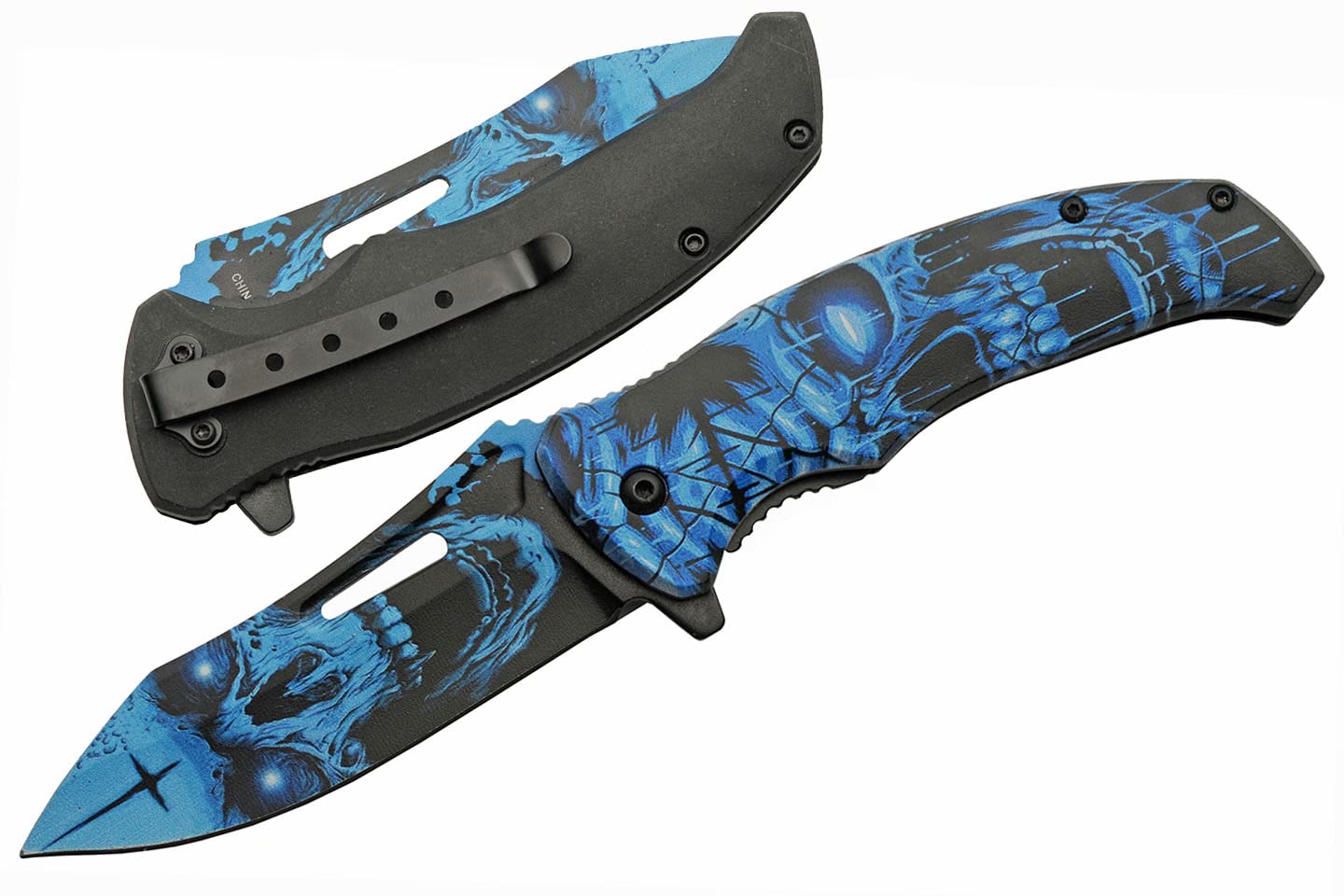 SZCO Supplies 8.5 inch Haunted Skull Liner Lock knife with pocket clip, blue
