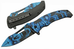 SZCO Supplies 8.5 inch Haunted Skull Liner Lock knife with pocket clip, blue