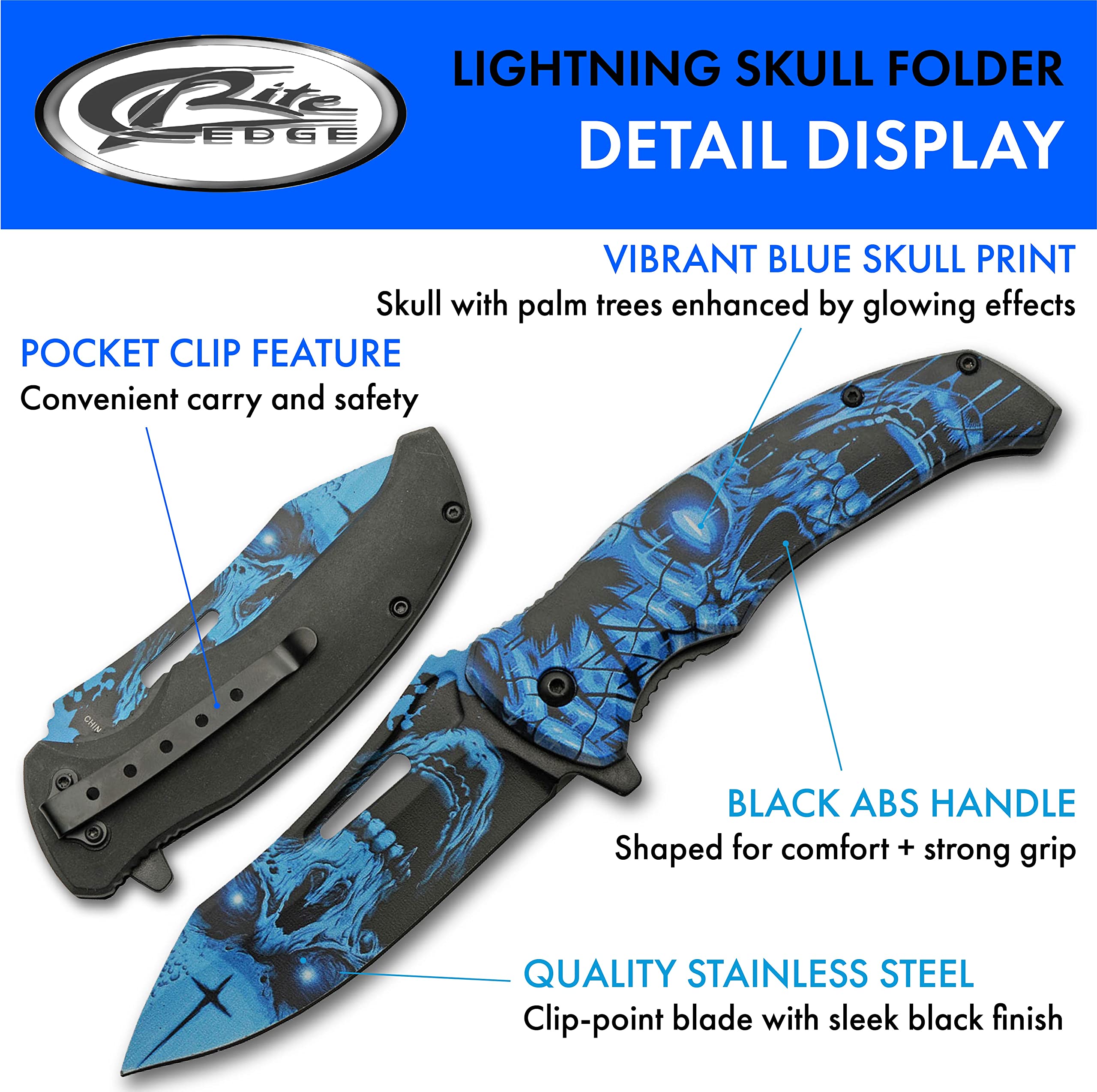 Close-up of haunted skull design on blade and handle