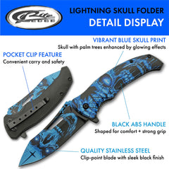 Close-up of haunted skull design on blade and handle