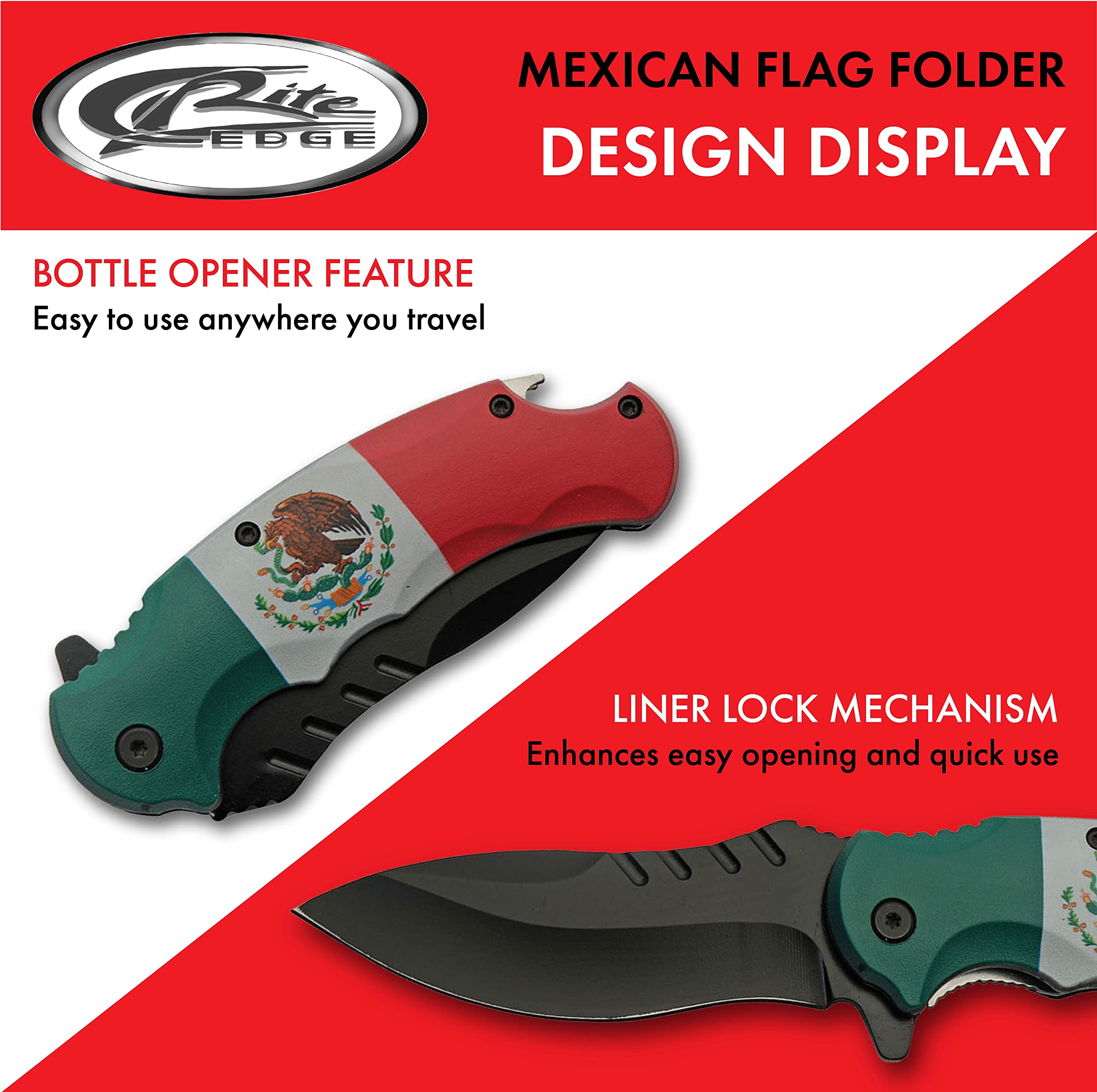 EDC knife features bottle opener and Mexican flag decal on the blade/handle