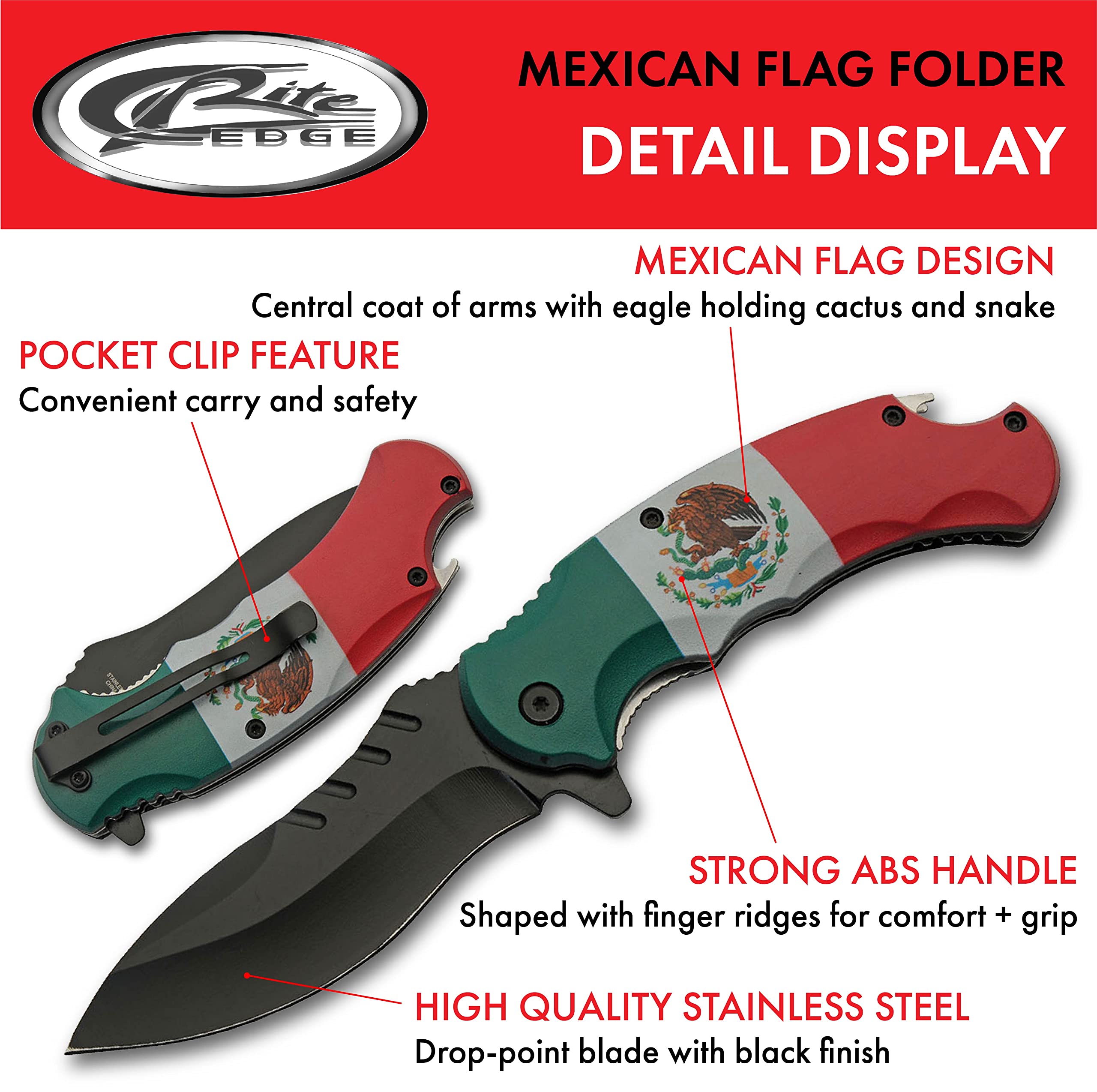 Black finish drop-point blade and Mexican flag artwork on handle