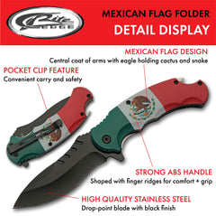 Black finish drop-point blade and Mexican flag artwork on handle