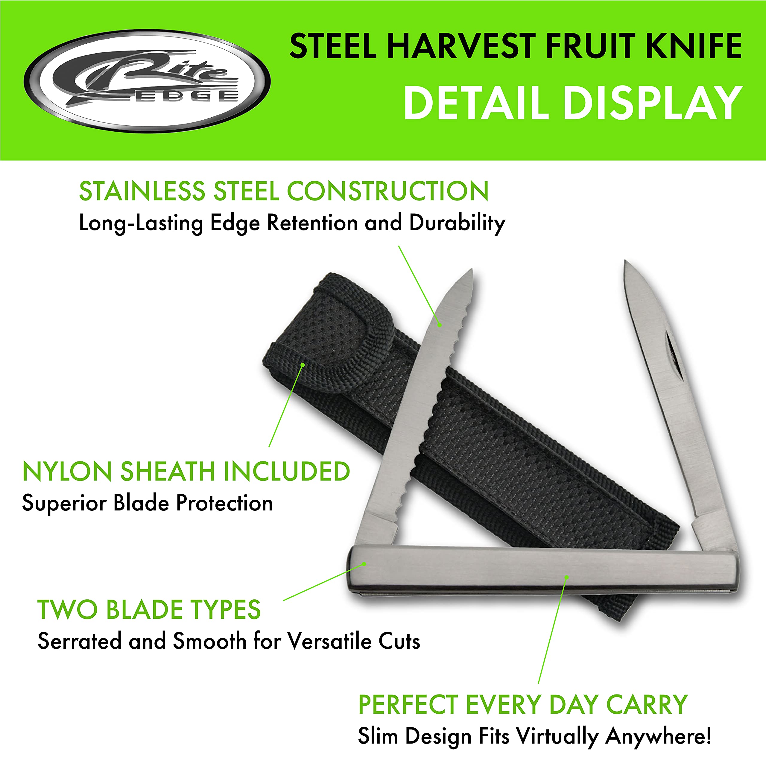 Compact pocket knife with stainless steel handle and nylon sheath