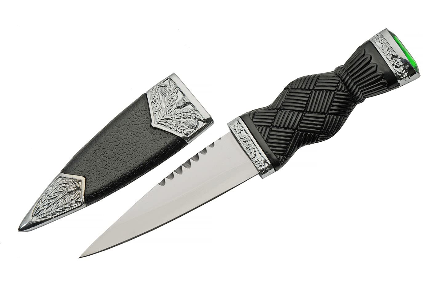 Close-up of sgian-dubh handle showing emerald-colored pommel and metalwork