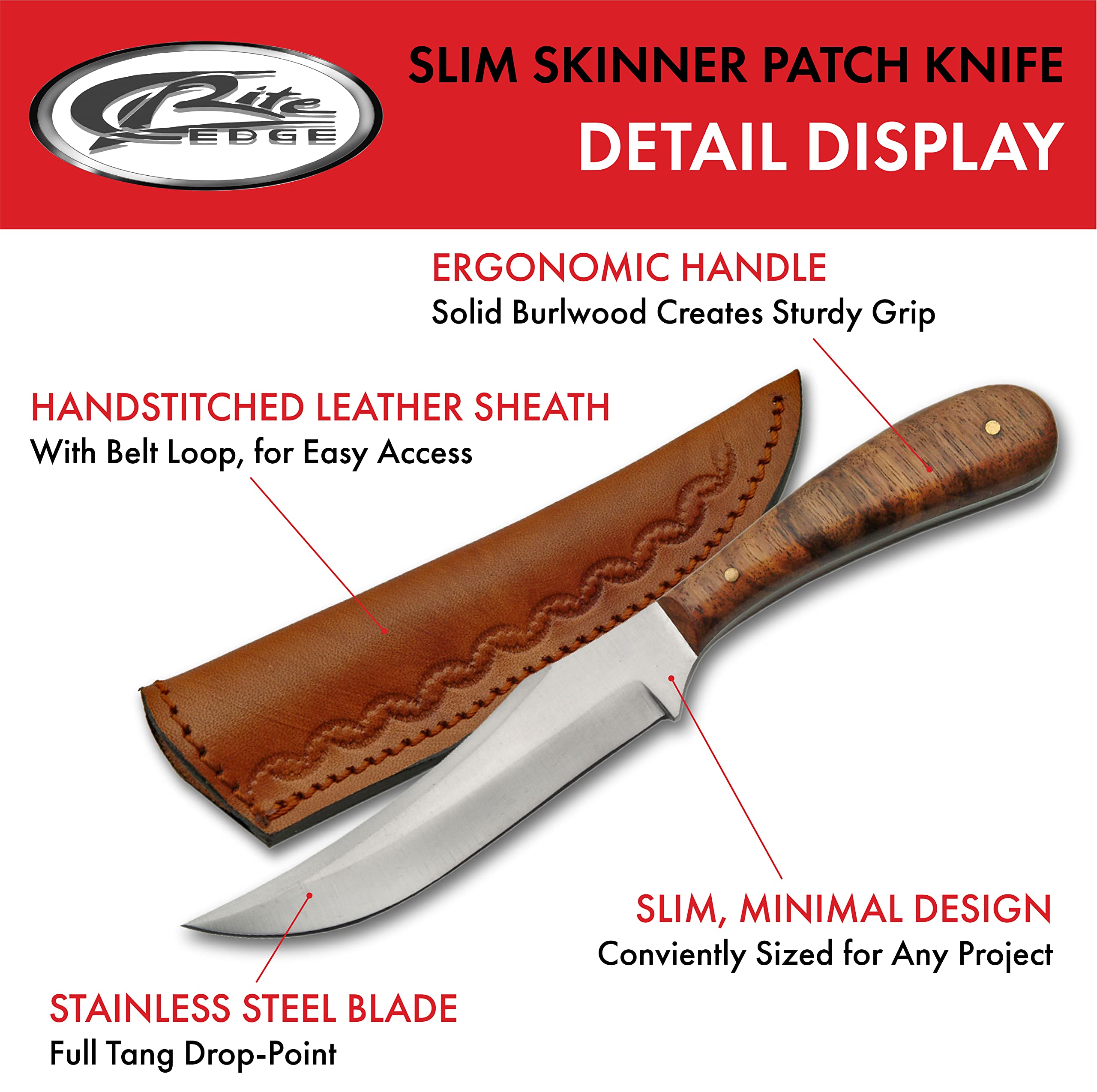 Close-up of burlwood handle with brass pins on SZCO DH-7992 Skinner Patch Knife