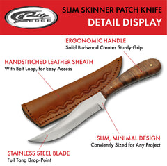 Close-up of burlwood handle with brass pins on SZCO DH-7992 Skinner Patch Knife
