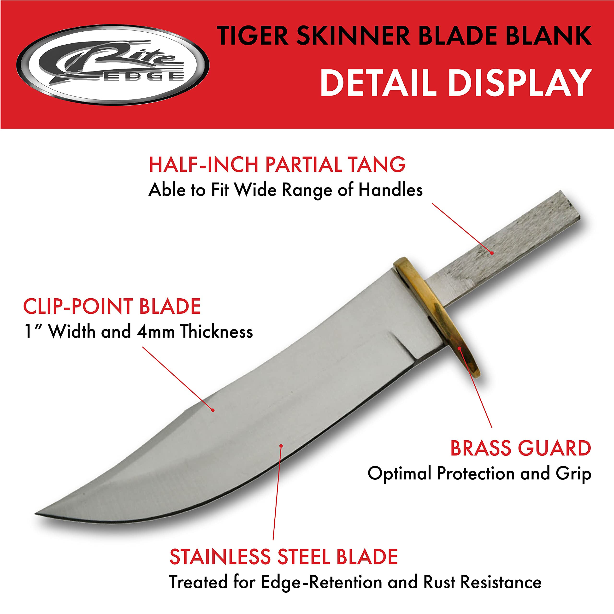 Tiger Skinner Blade Blank Knife featuring clip-point design with brass guard