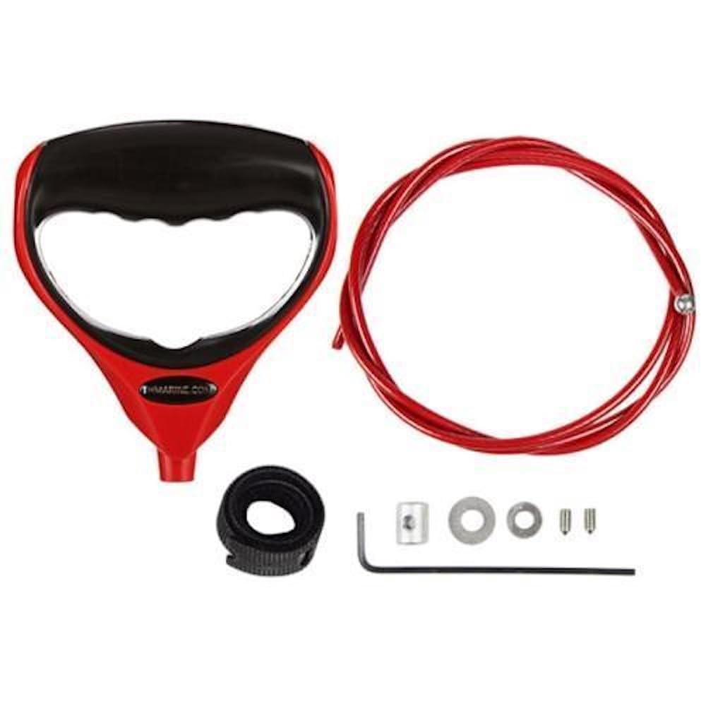 Close-up of T-H Marine G-Force heavy-duty trolling motor handle with cushioned red grip