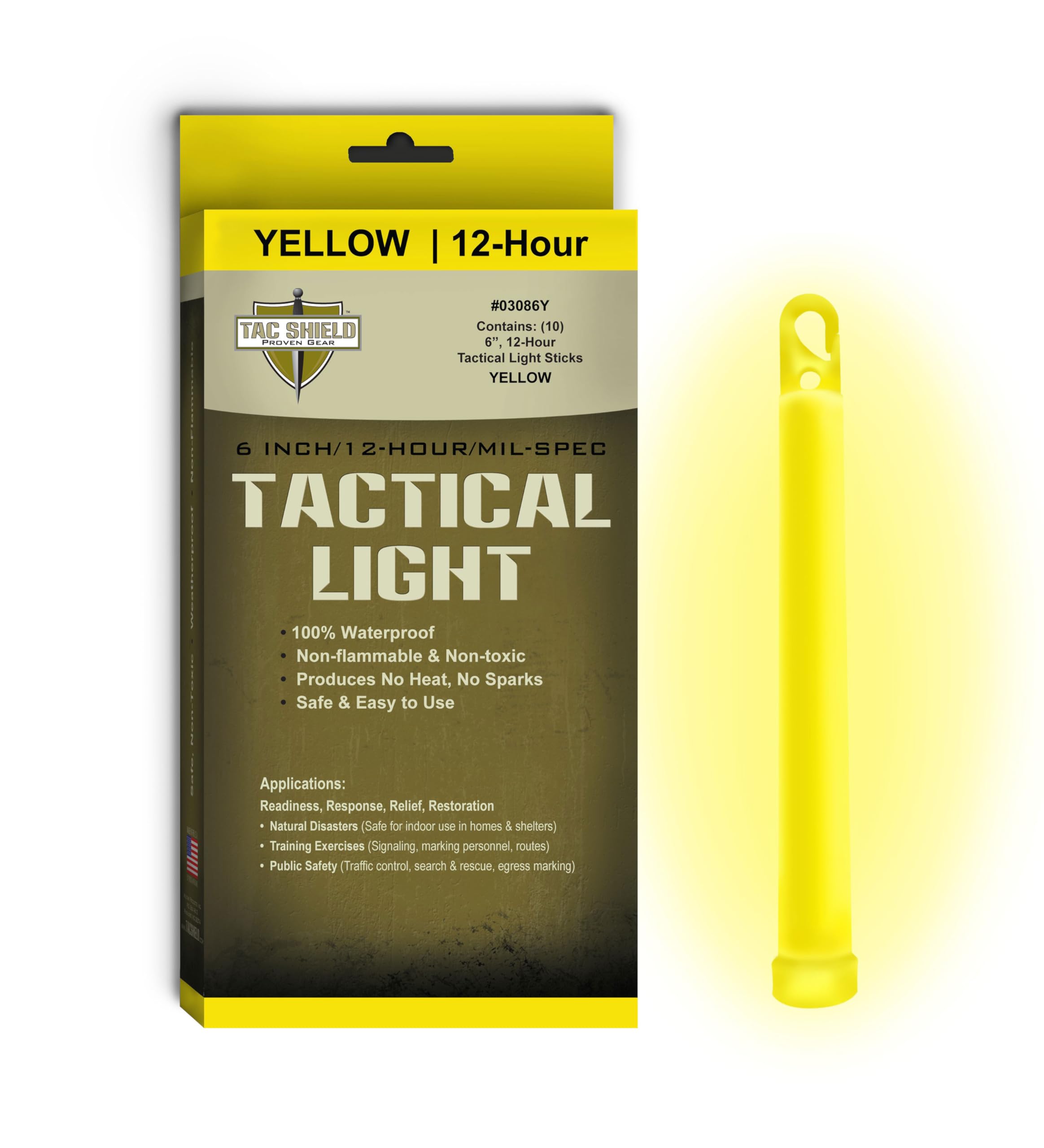 Tac Shield Tactical 12-Hour Light Stick in yellow for field marking and map lighting, in a 10-pack