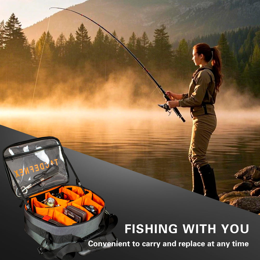 Internal view showing 8 adjustable compartments for reels
