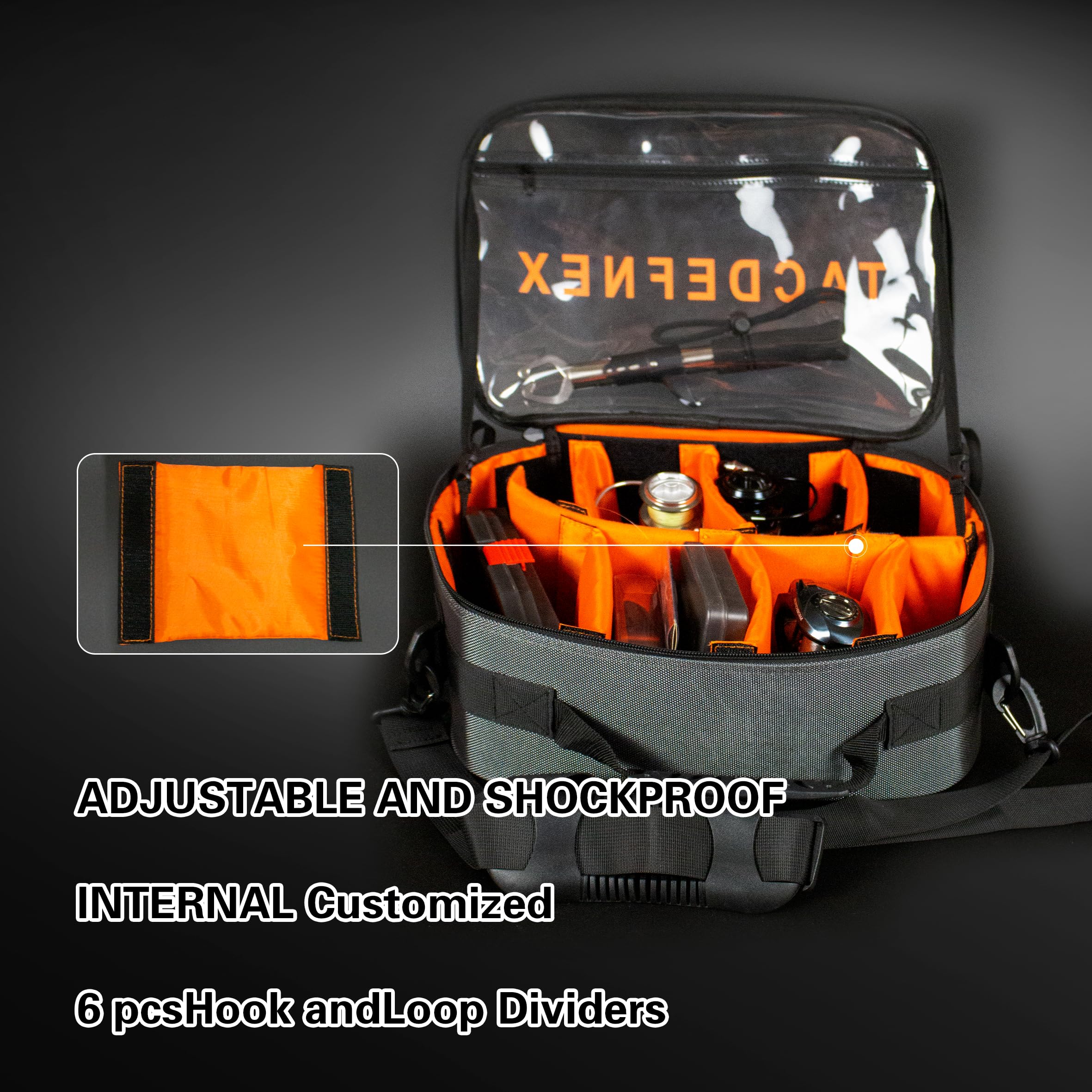 Clear see-through pockets inside for lines and accessories