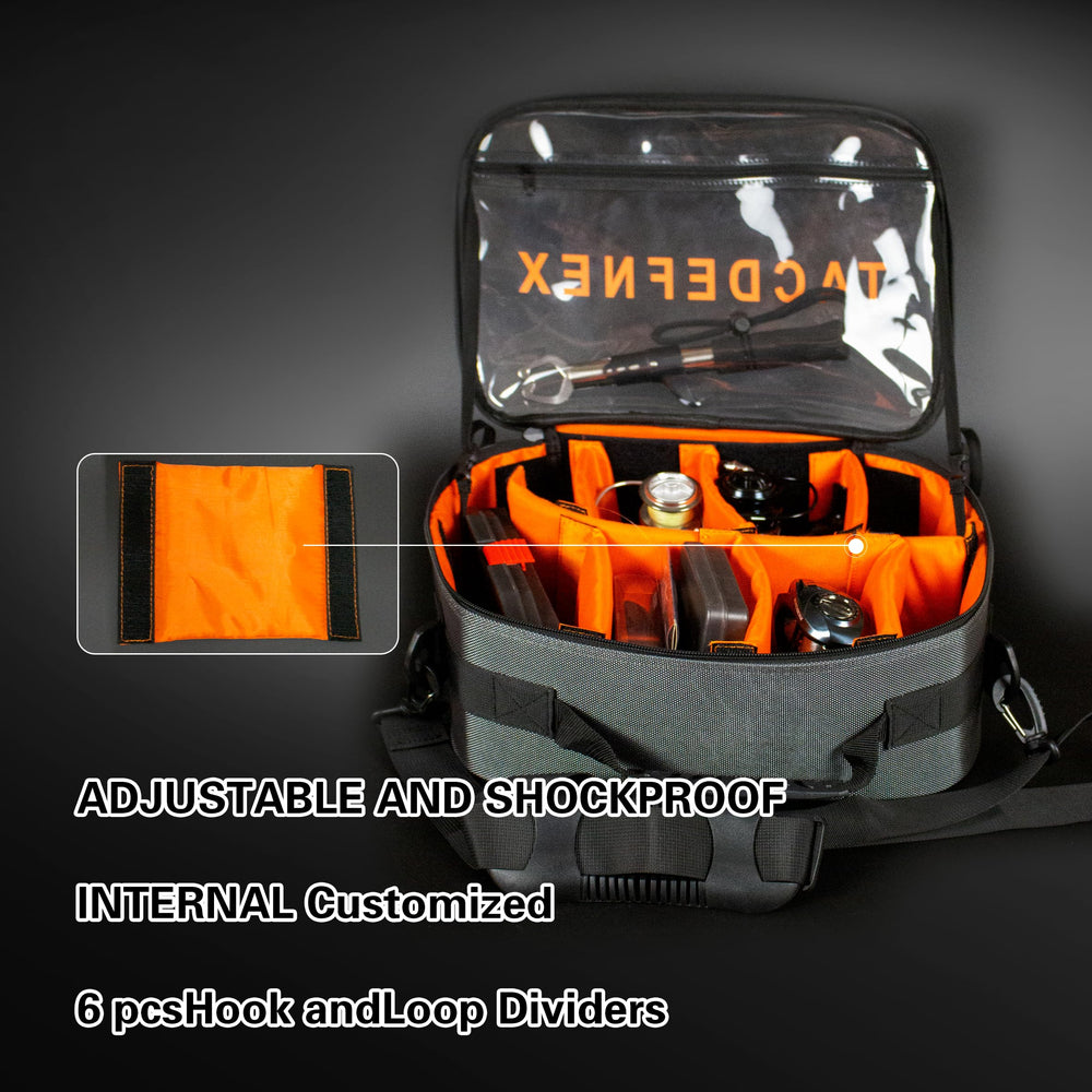 Clear see-through pockets inside for lines and accessories