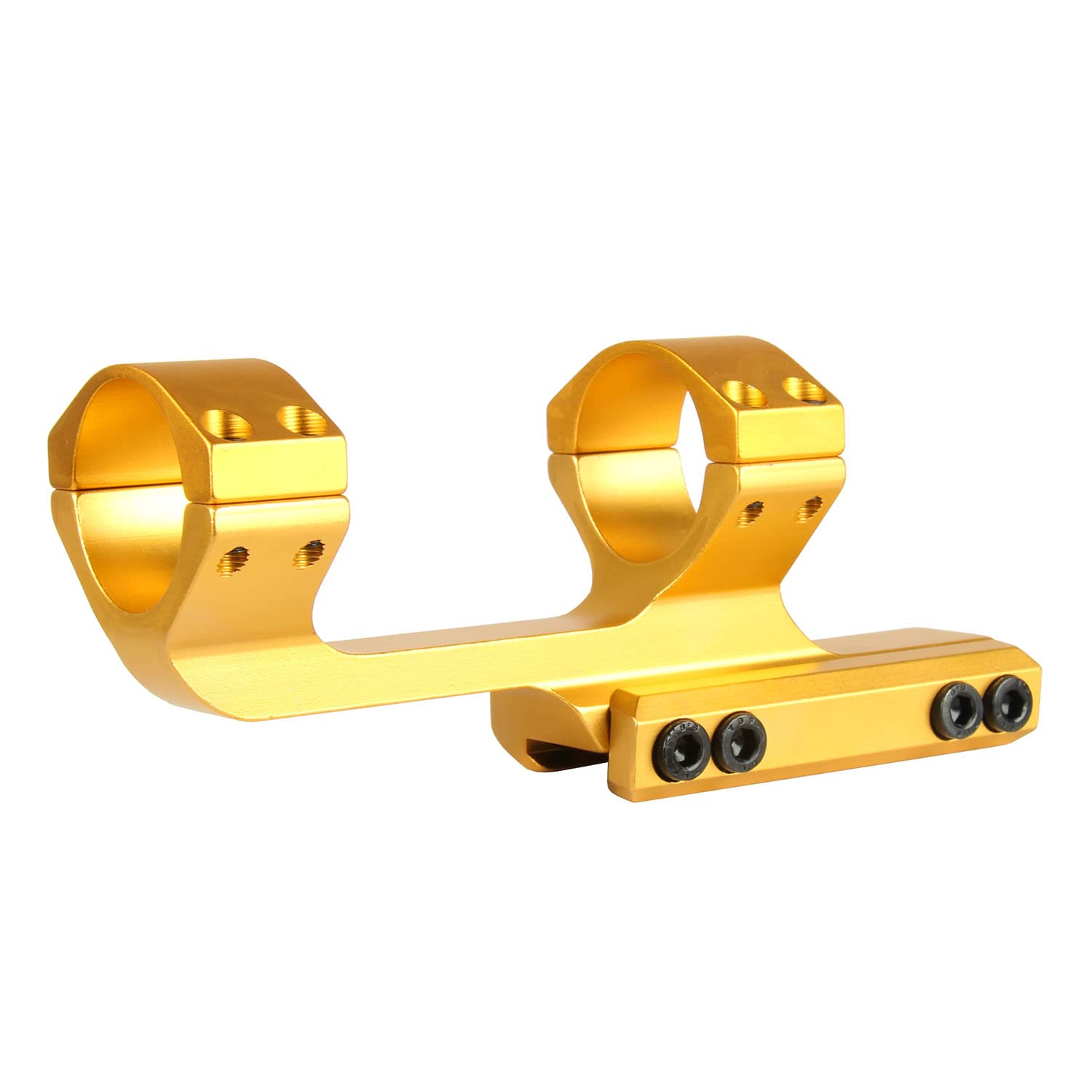 Close-up of inserts on TACFUN gold mount enabling 1in and 30mm tubes.