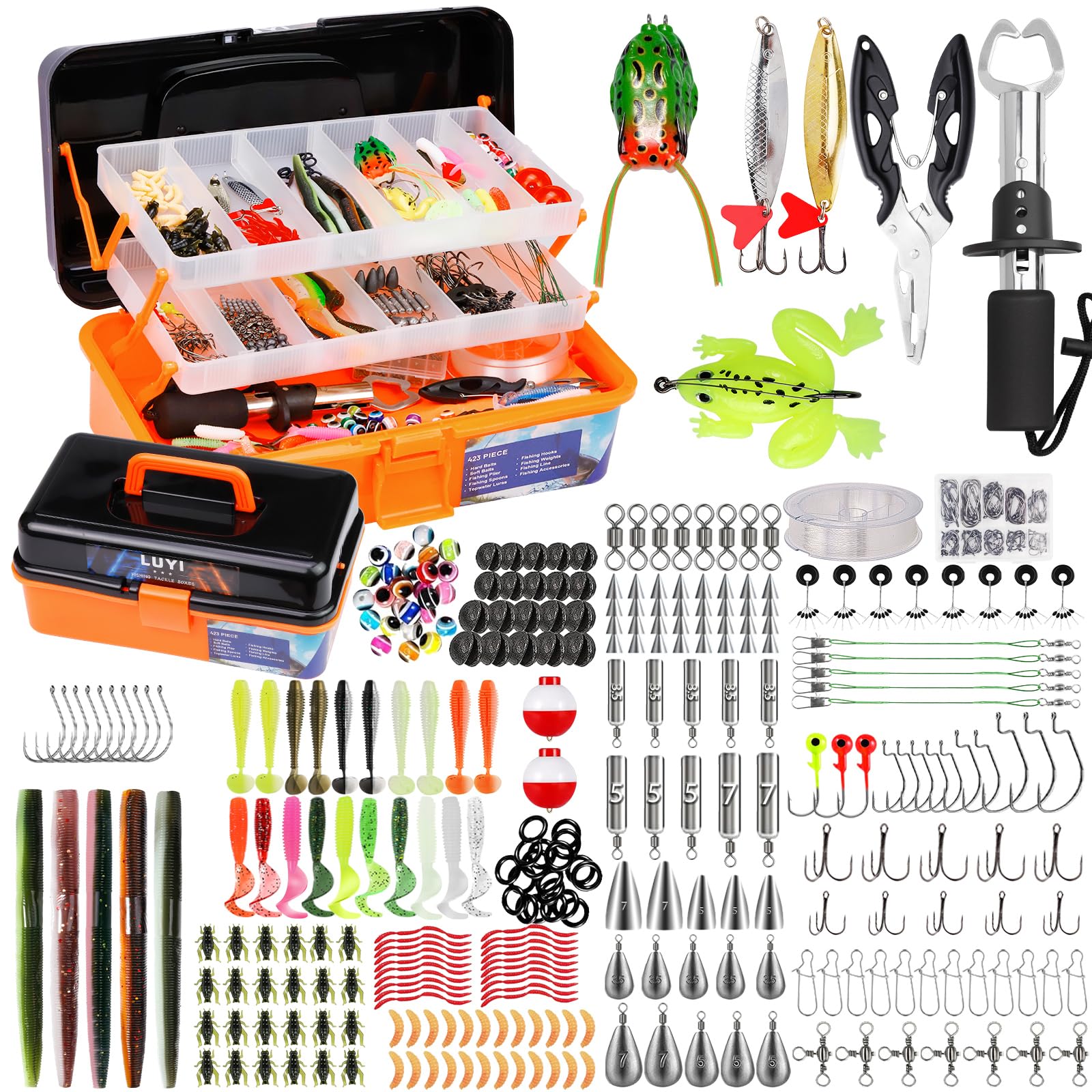 Large 3-layer tackle box filled with 423-piece fishing lure kit