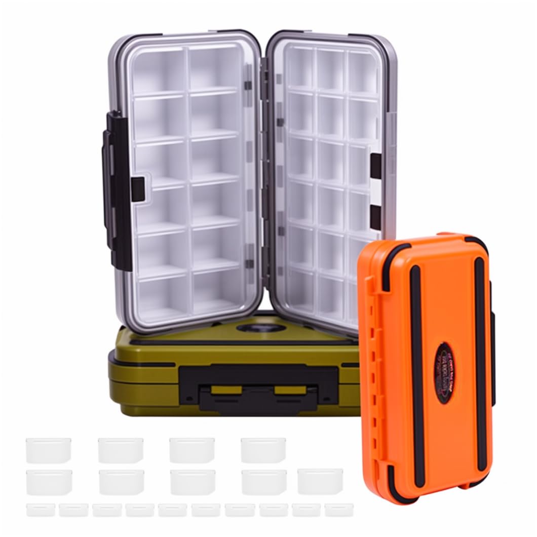 Three-pack small tackle box organizer in green, orange, and gray - front view