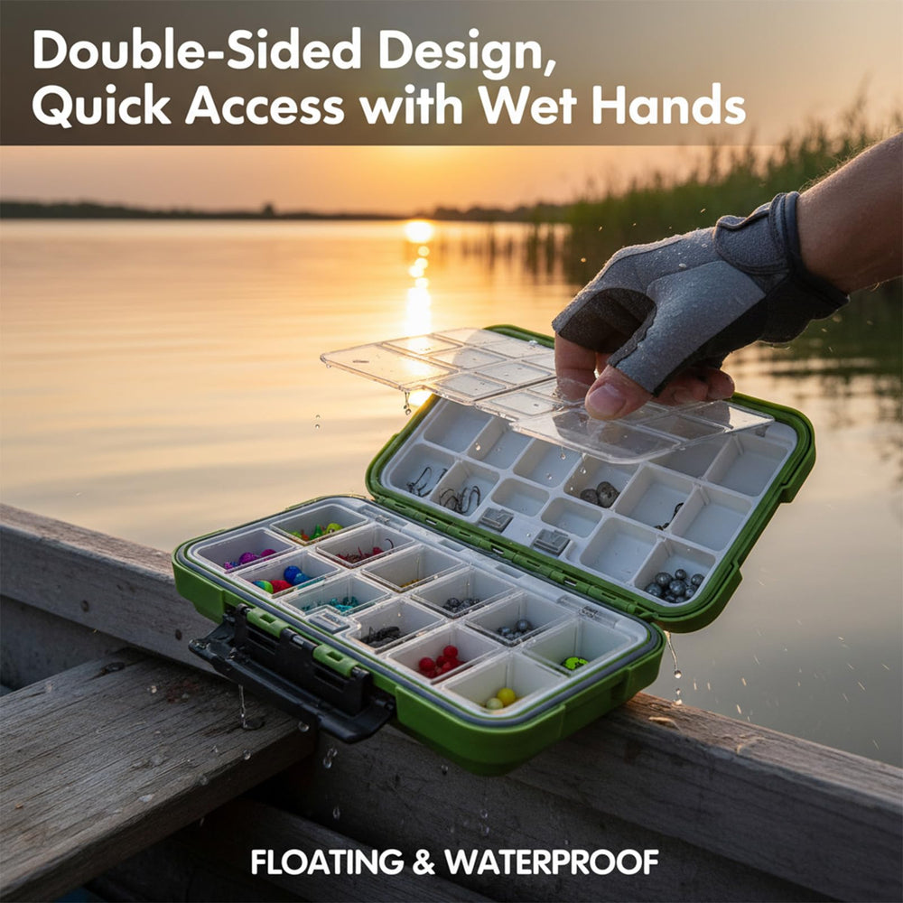 Close-up of adjustable removable dividers inside the tackle box