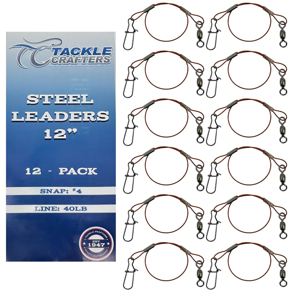 Tackle Crafters stainless steel wire leaders 12-pack 12-inch, abrasion resistant.