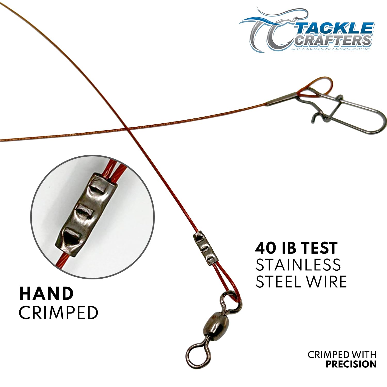 Tackle Crafters wire leaders in use with reels and lures.