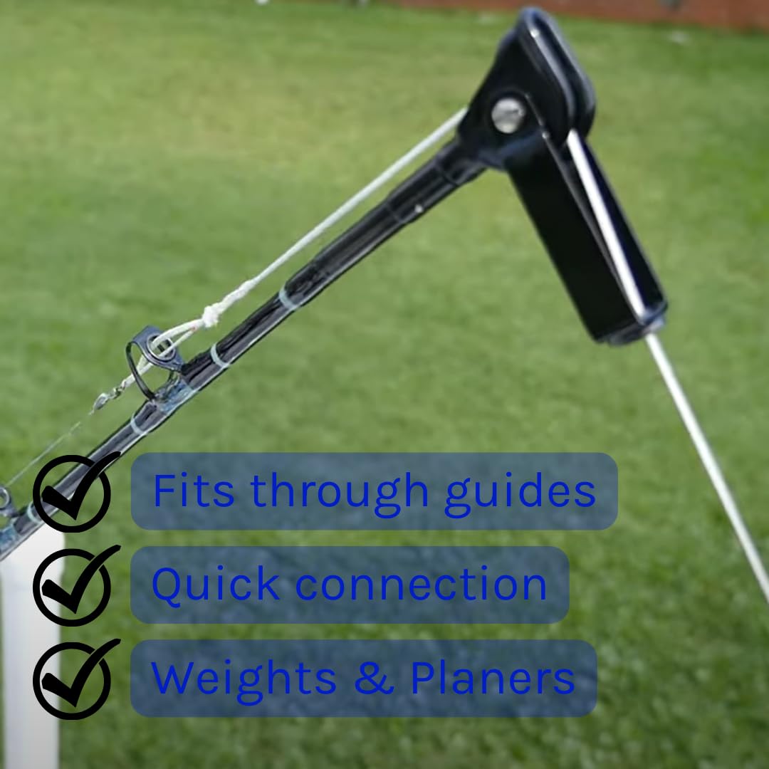 Tackle Room 24-inch bridle in-use, highlighting universal fit for various trolling weights.