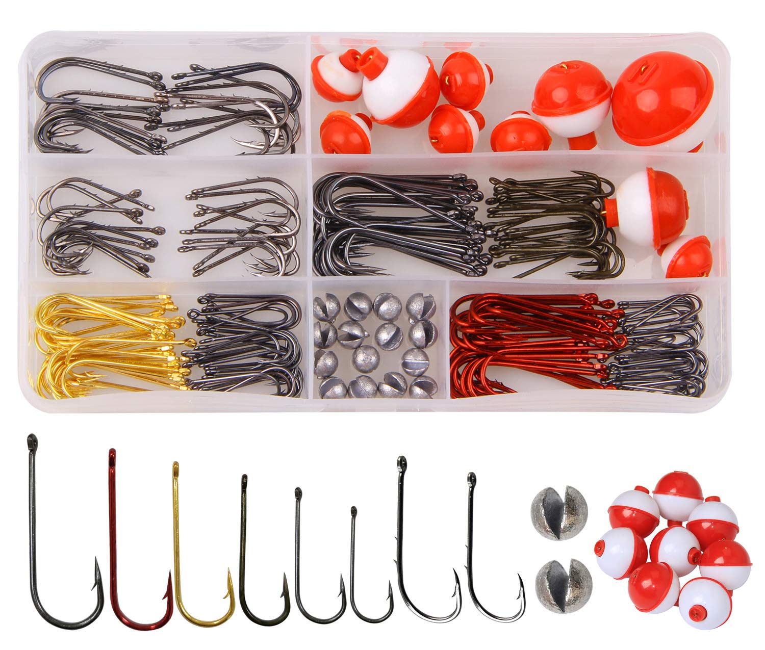Portable tackle box opened showing the 215-piece beginner fishing kit