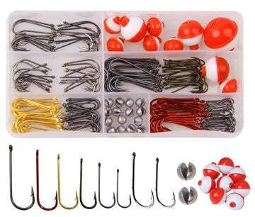 Portable tackle box opened showing the 215-piece beginner fishing kit
