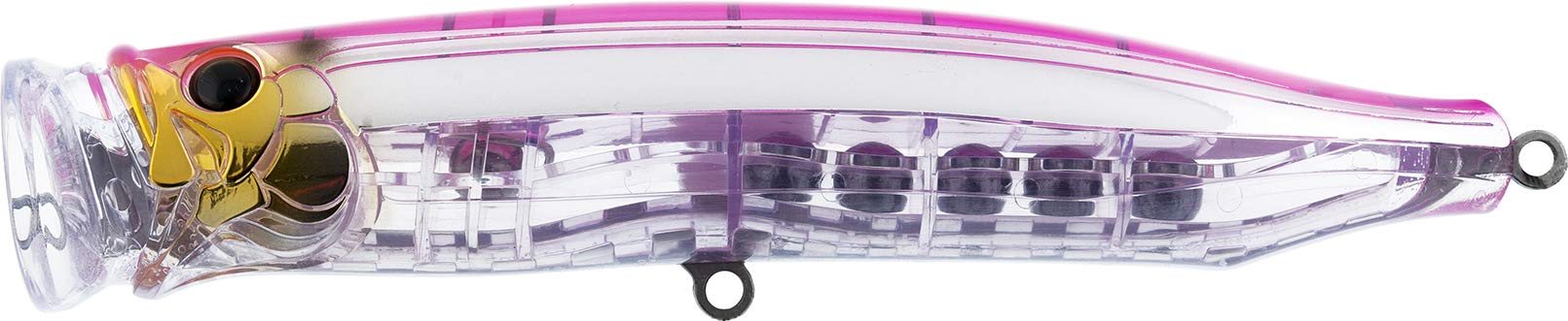 Tackle House CFP150 NR Pink Back popper on water surface for tantalizing surface strike