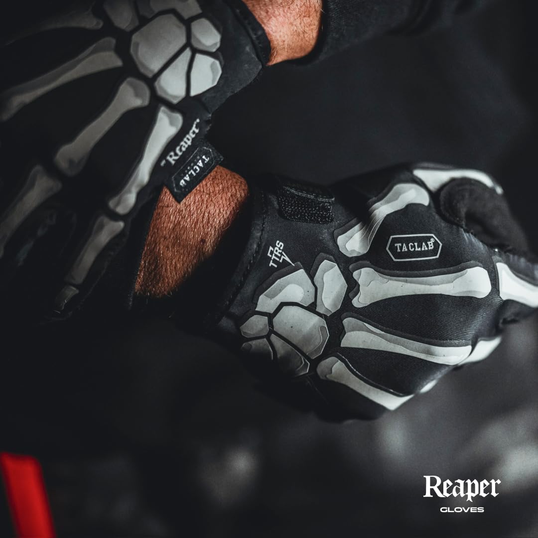 TACLAB Reaper Black Skeleton Gloves airsoft-action in use supports quick hand safety