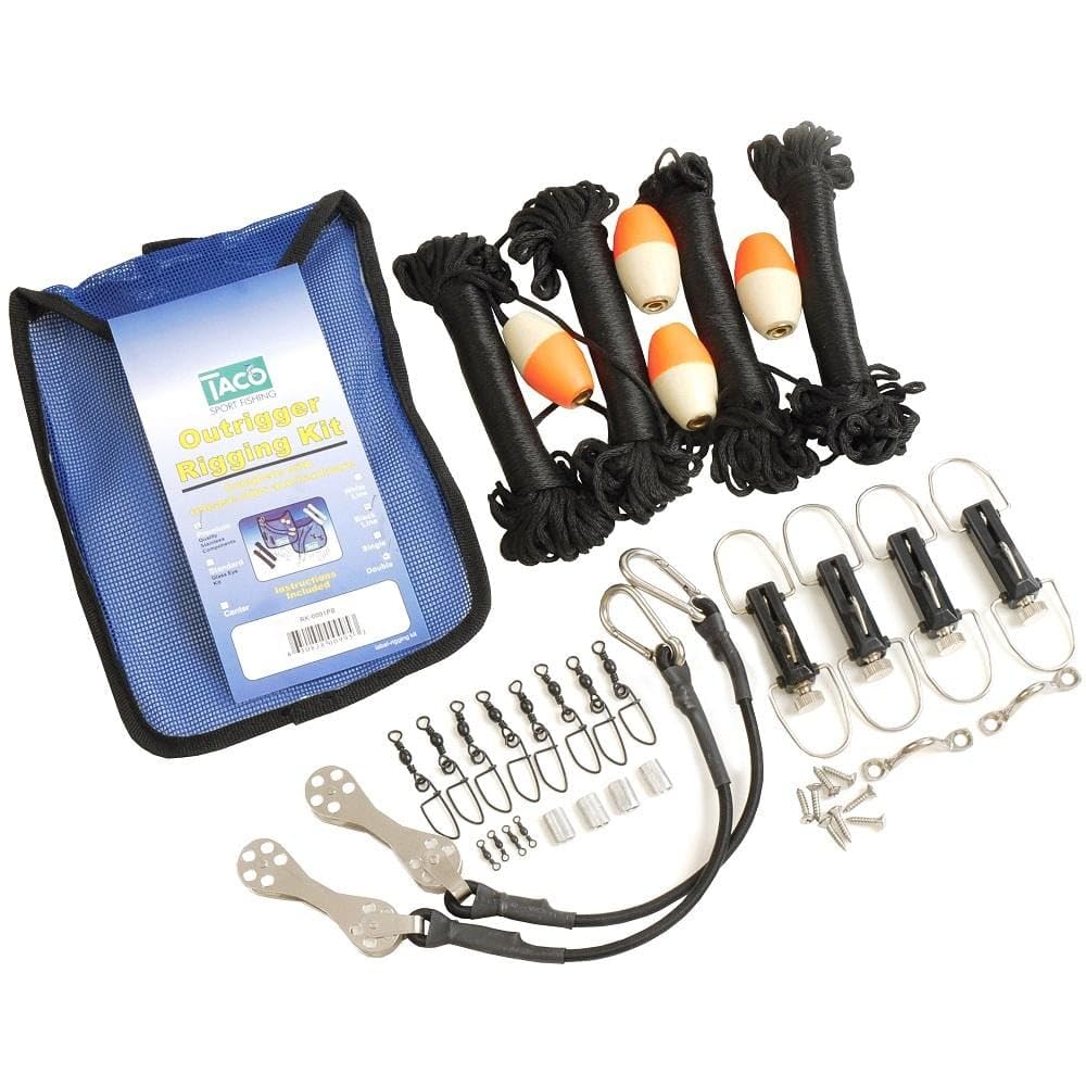 Taco Marine premium double rigging kit showing 22 ft outriggers ready for offshore trolling