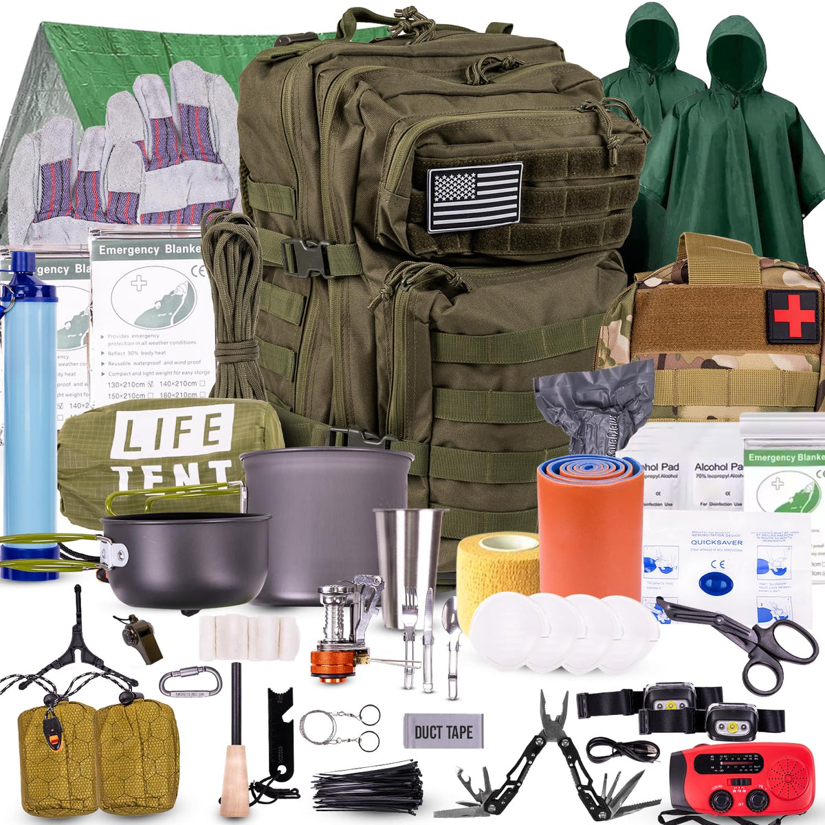 TacPreps 72-Hour Survival Kit backpack exterior with durable, water-resistant shell.
