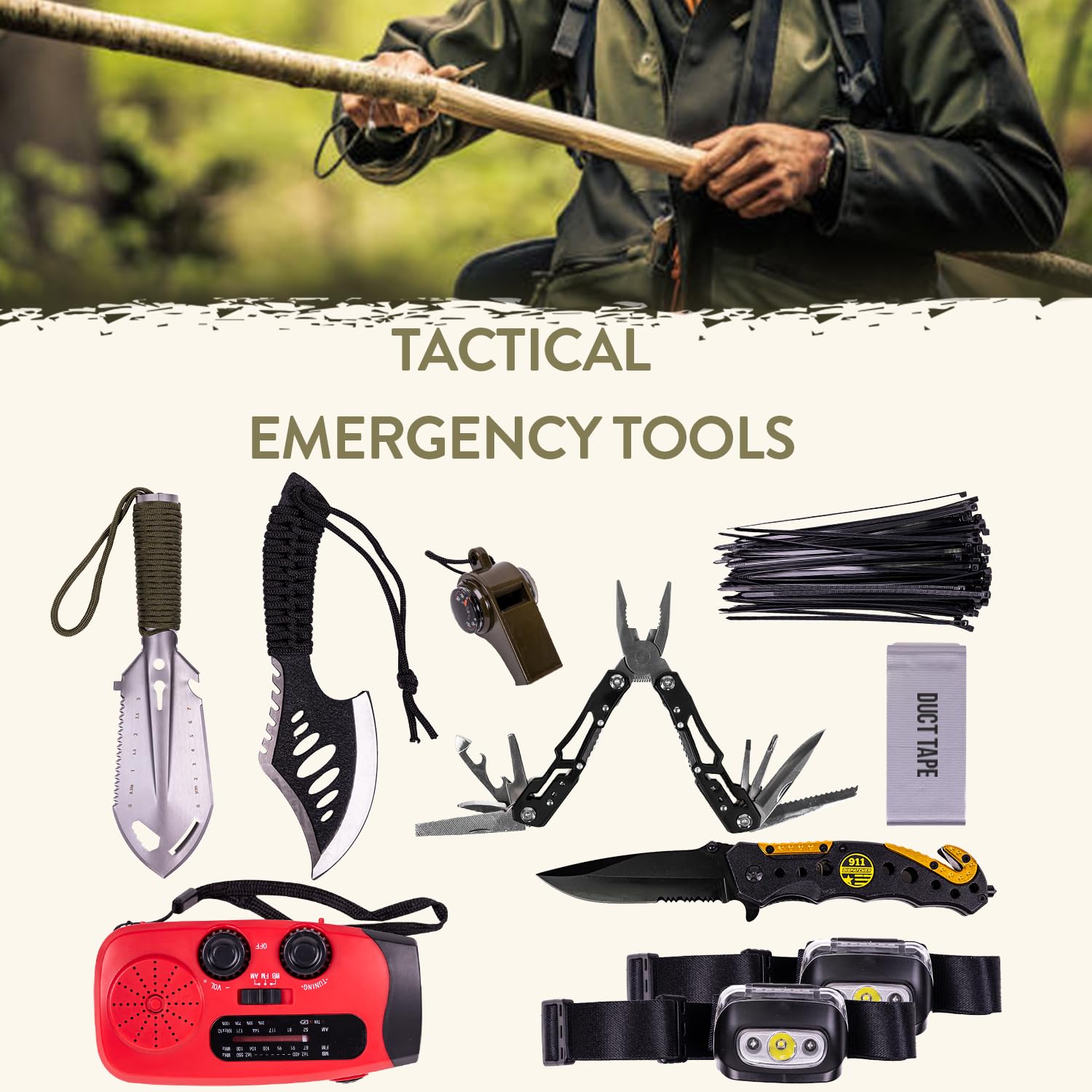TacPreps duct tape, multitool, gloves and zip ties ready for quick repairs