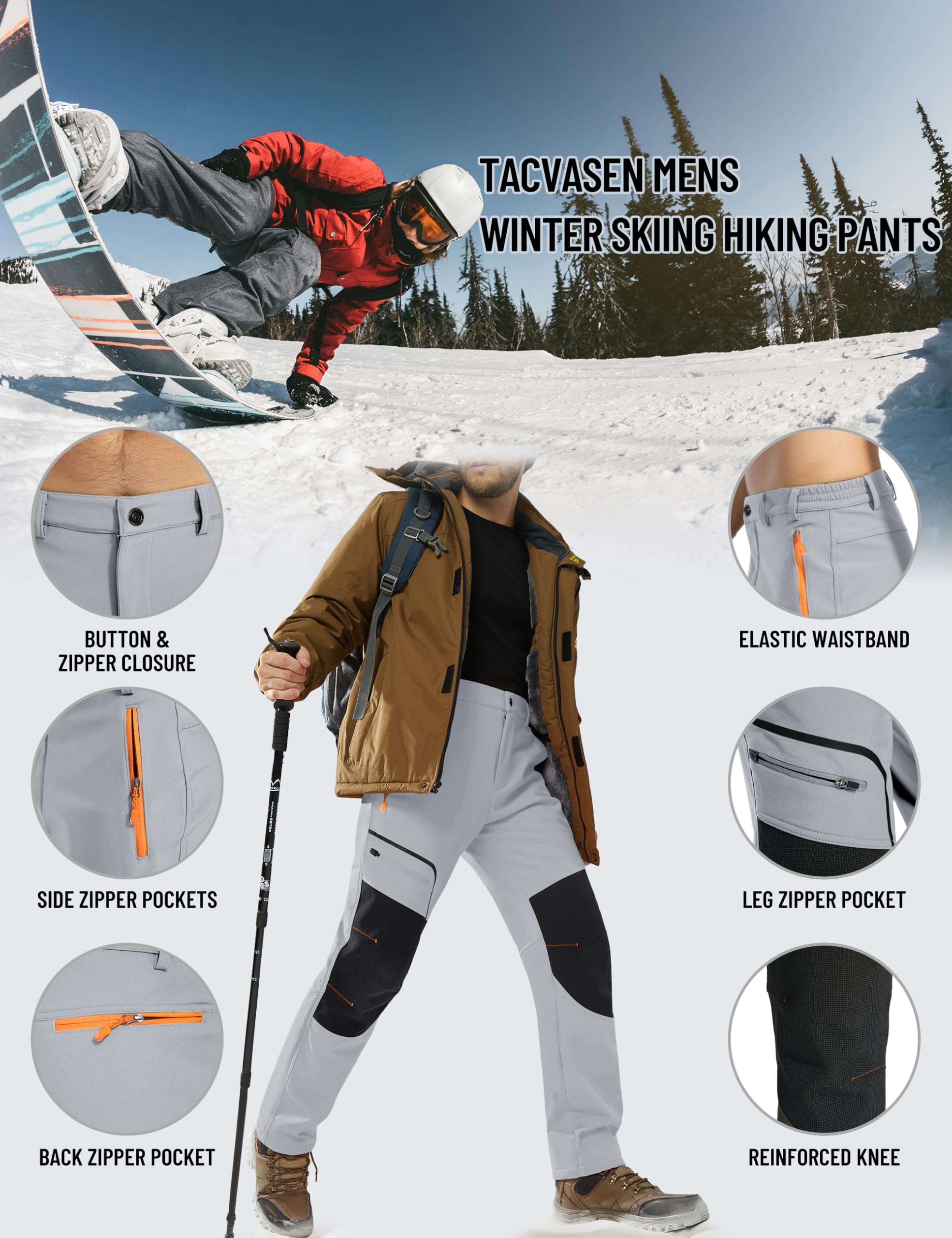 TACVASEN hiking pants light grey finish pairs with winter gear.