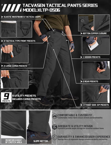 TACVASEN mens hiking pants cargo pocket close-up shows expandable pockets and zippers