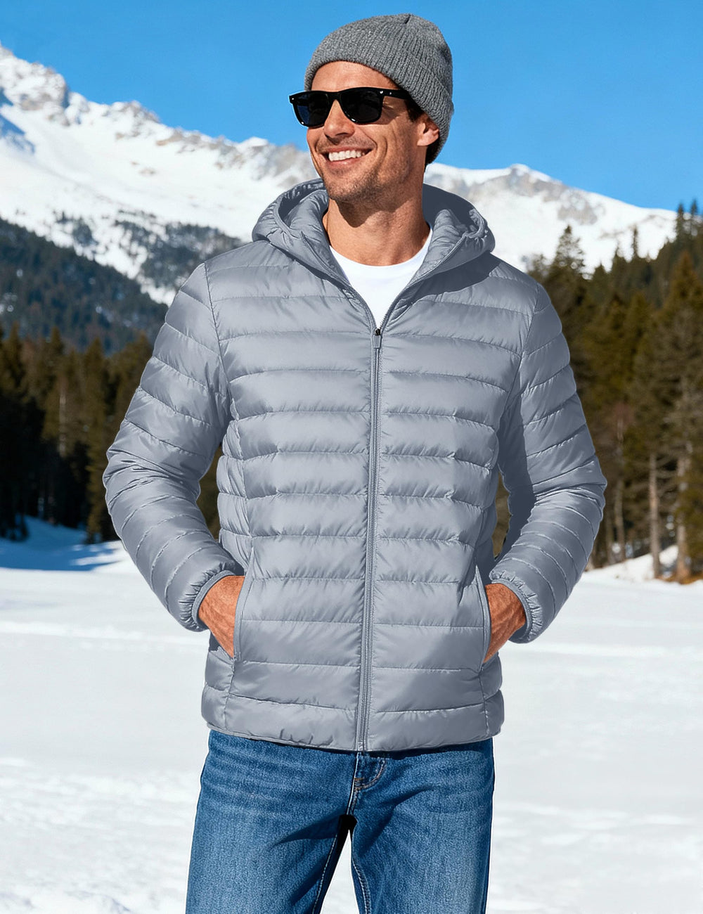 TACVASEN men's puffer coat hood up showing windproof protection and insulated comfort.